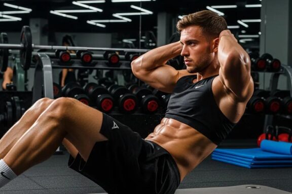 Fit mesomorph individual performing abdominal exercises in a gym, showcasing muscular build and focus