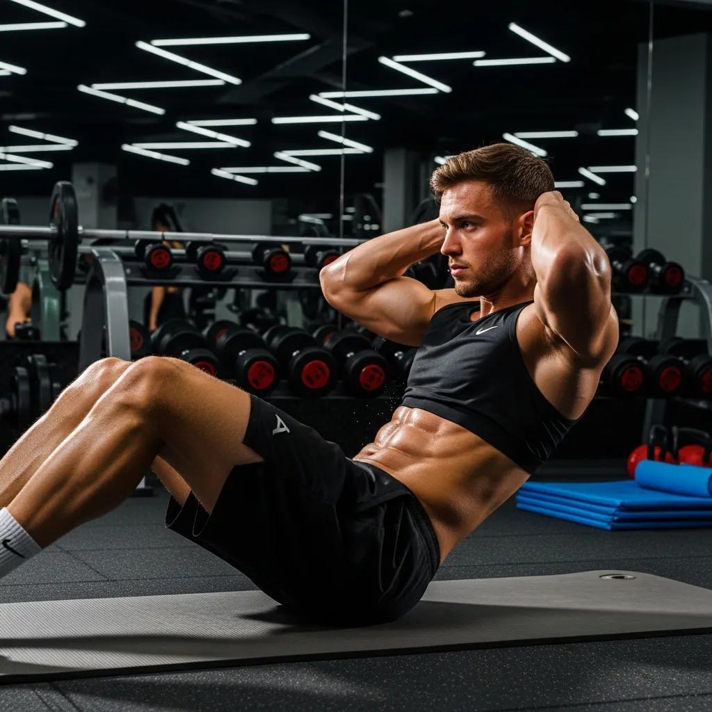 Fit mesomorph individual performing abdominal exercises in a gym, showcasing muscular build and focus