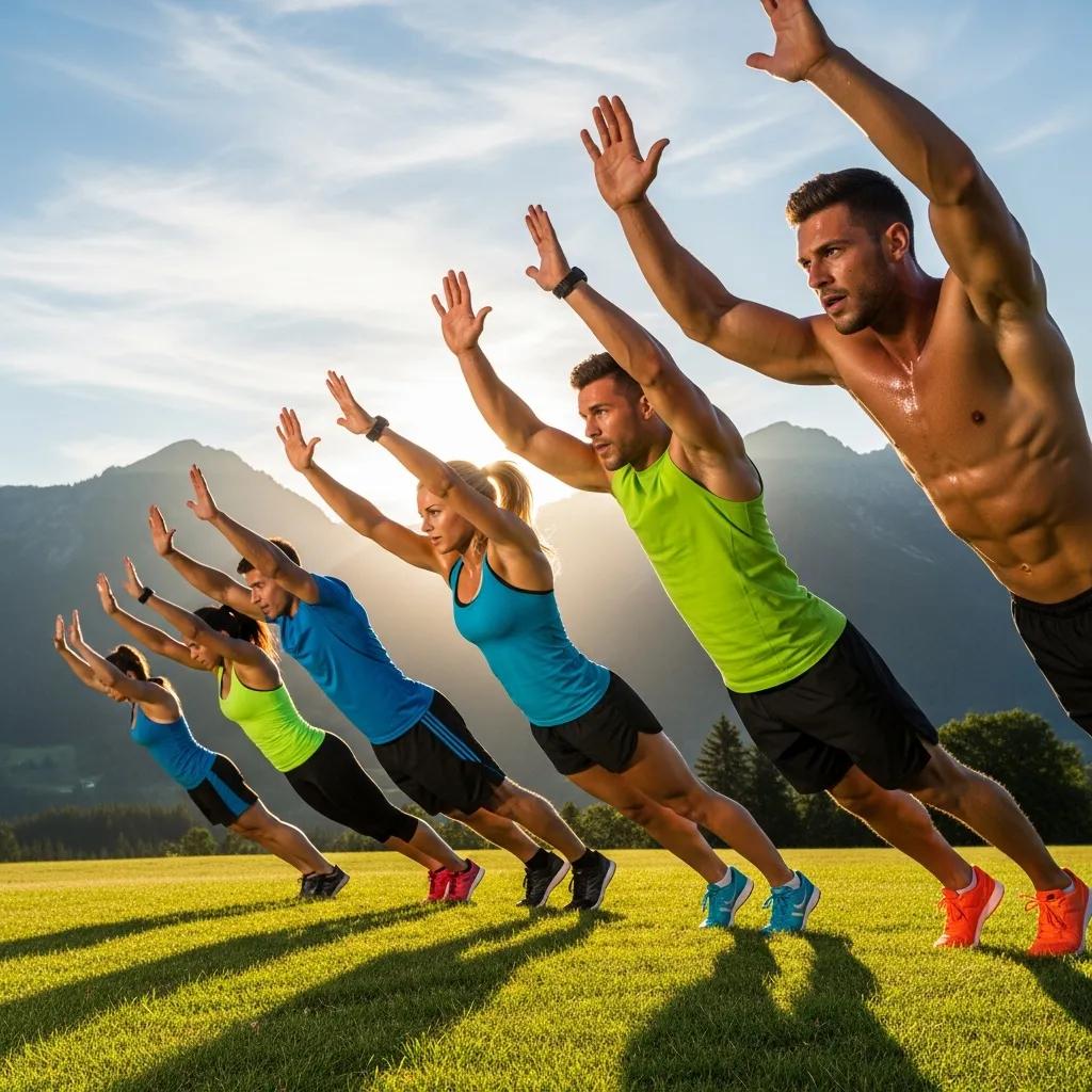 Gruppe mesomorpher Athleten beim HIIT-Training im Freien – Teamwork und Fitness