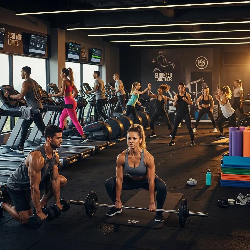 Gruppe von Mesomorphen während abwechslungsreicher, motivierender Trainingseinheit