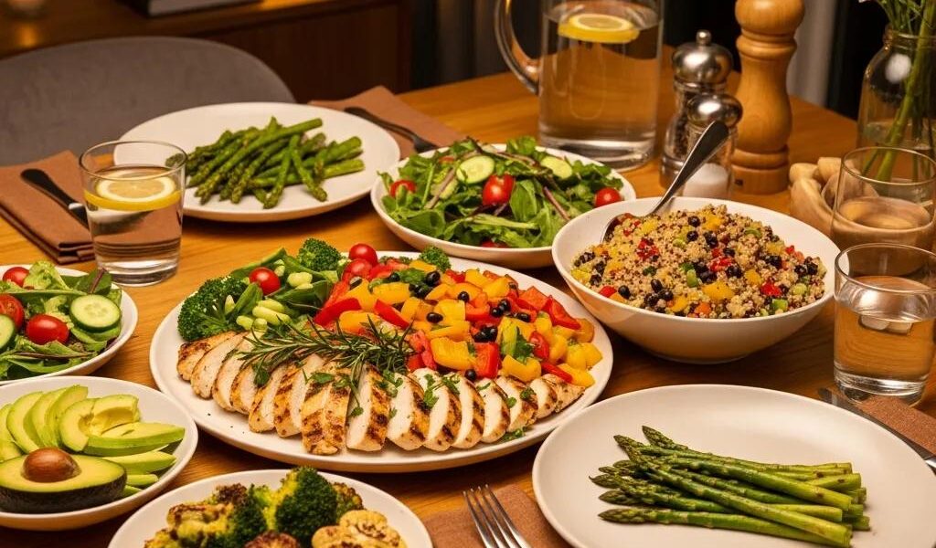 Healthy dinner options for endomorphs featuring grilled chicken, quinoa, and colorful vegetables