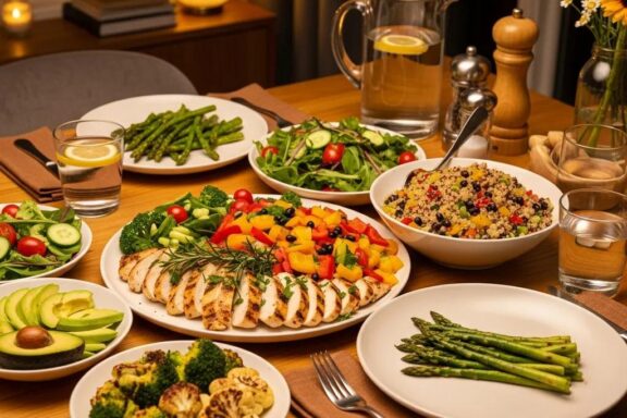 Healthy dinner options for endomorphs featuring grilled chicken, quinoa, and colorful vegetables