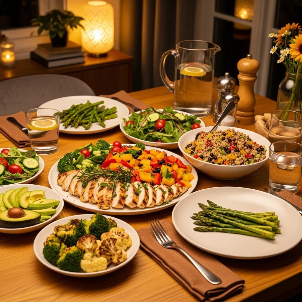 Healthy dinner options for endomorphs featuring grilled chicken, quinoa, and colorful vegetables