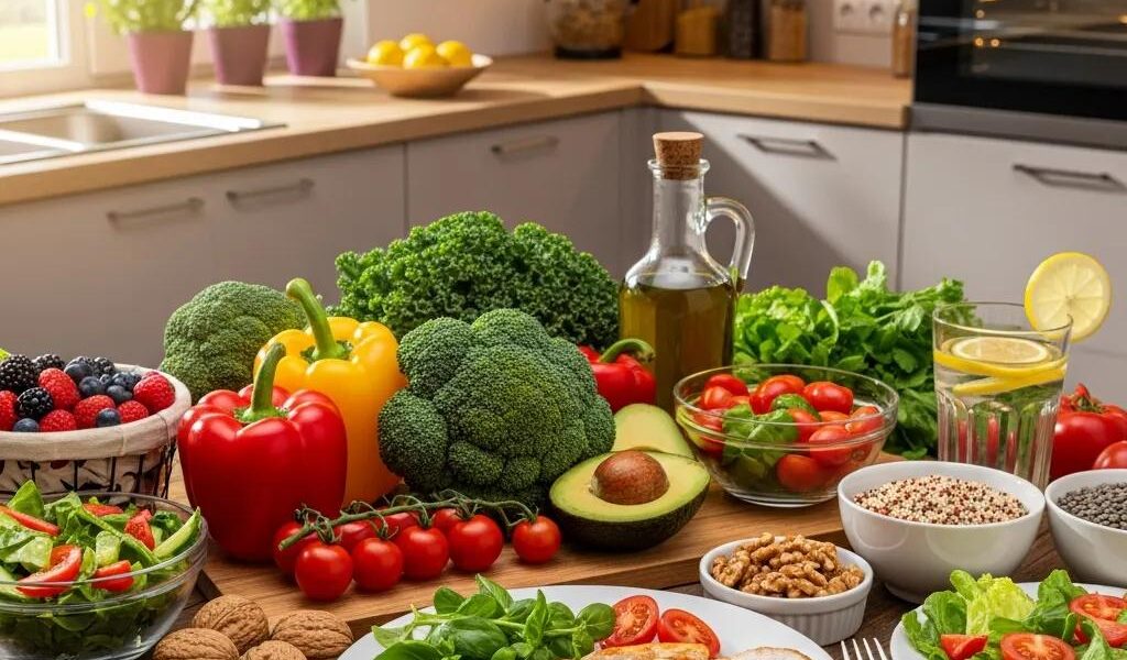 Healthy foods for endomorph diet including chicken, vegetables, and avocados