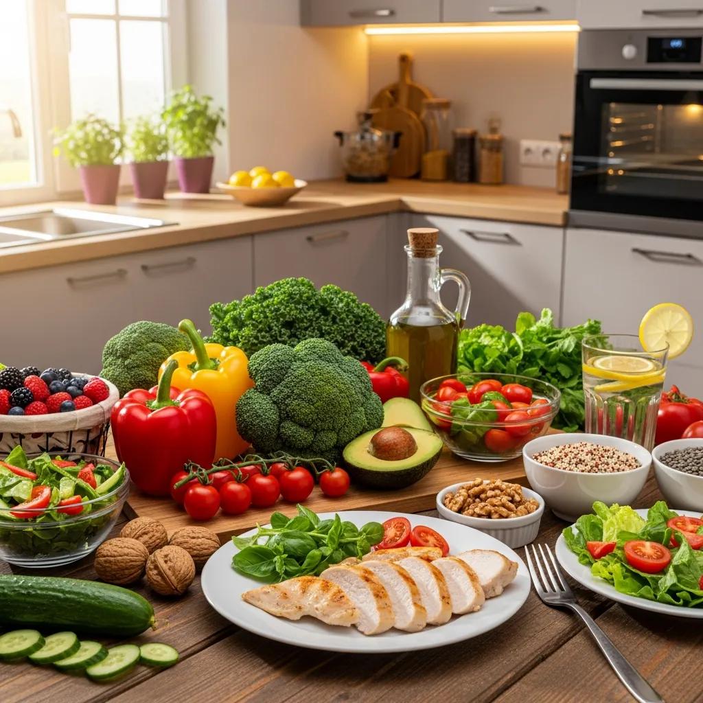 Healthy foods for endomorph diet including chicken, vegetables, and avocados