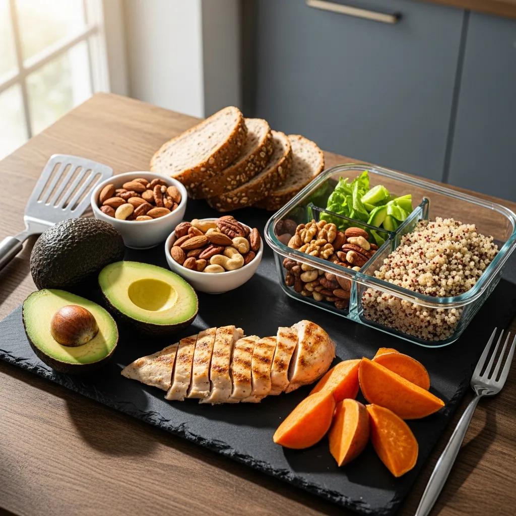 Kalorienreiche, gesunde Lebensmittel auf einer Küchenfläche – Ernährung für Muskelaufbau bei Ektomorphen