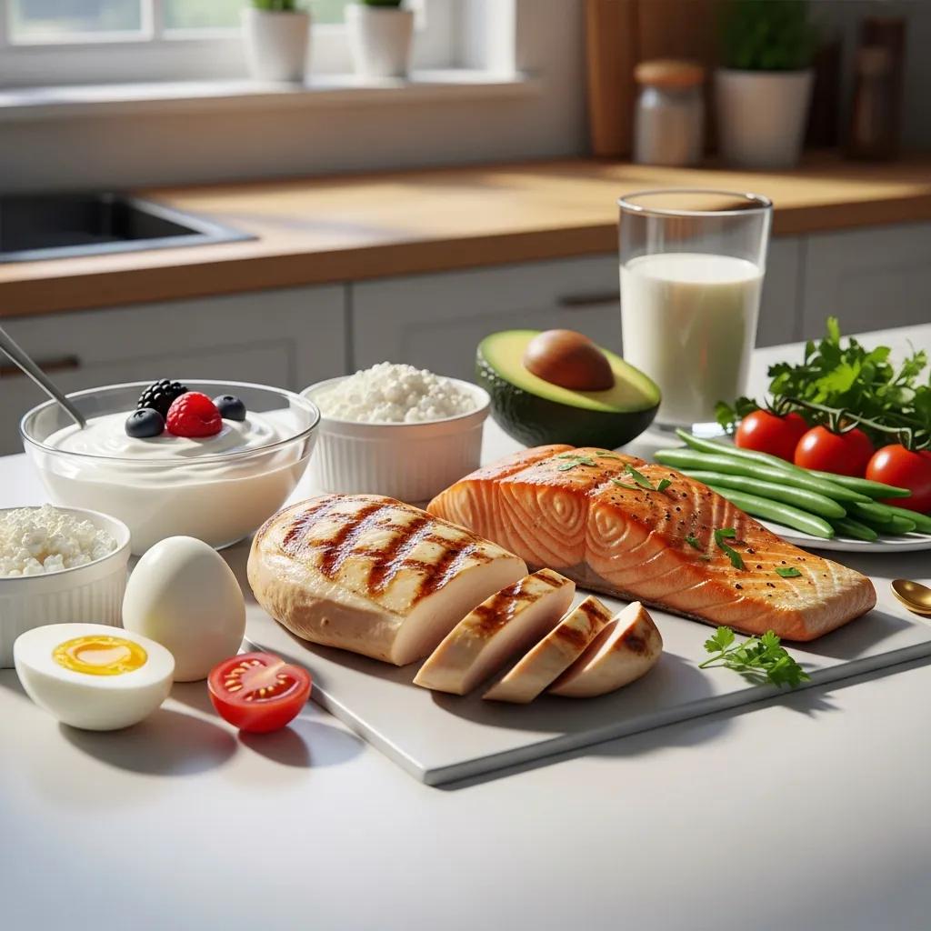 Proteinreiche, fettarme Lebensmittel wie H&uuml;hnchen, Fisch und Quark