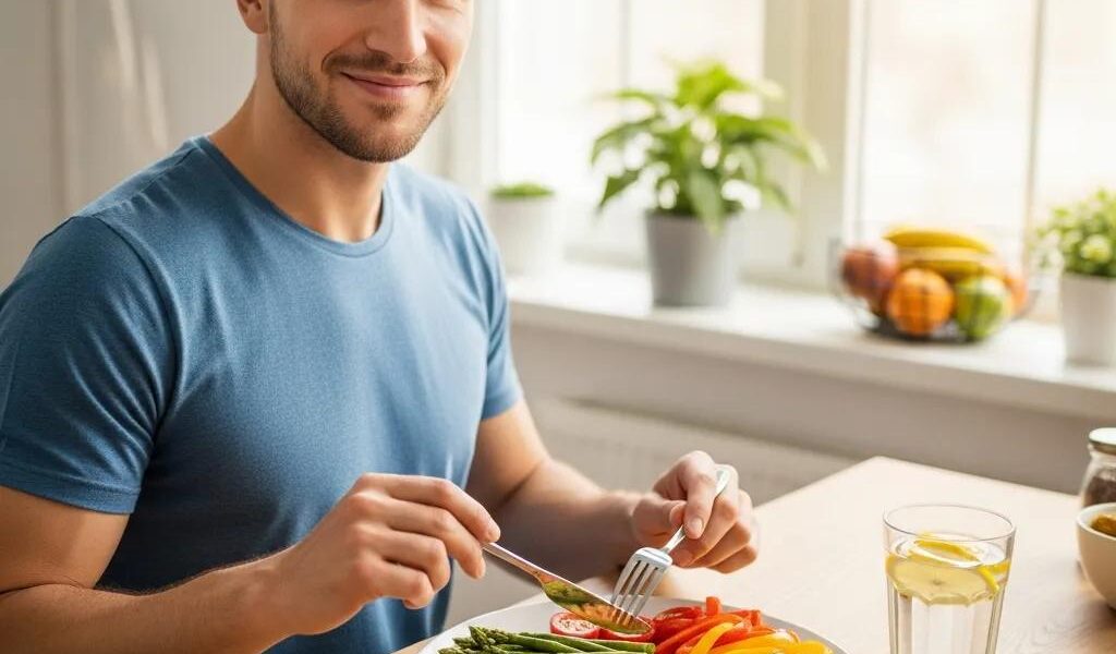 Gesunde Mahlzeit für Mesomorphe beim Intervallfasten mit Protein, Gemüse und Vollkorn