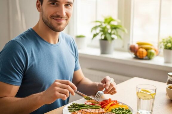 Gesunde Mahlzeit f&uuml;r Mesomorphe beim Intervallfasten mit Protein, Gem&uuml;se und Vollkorn