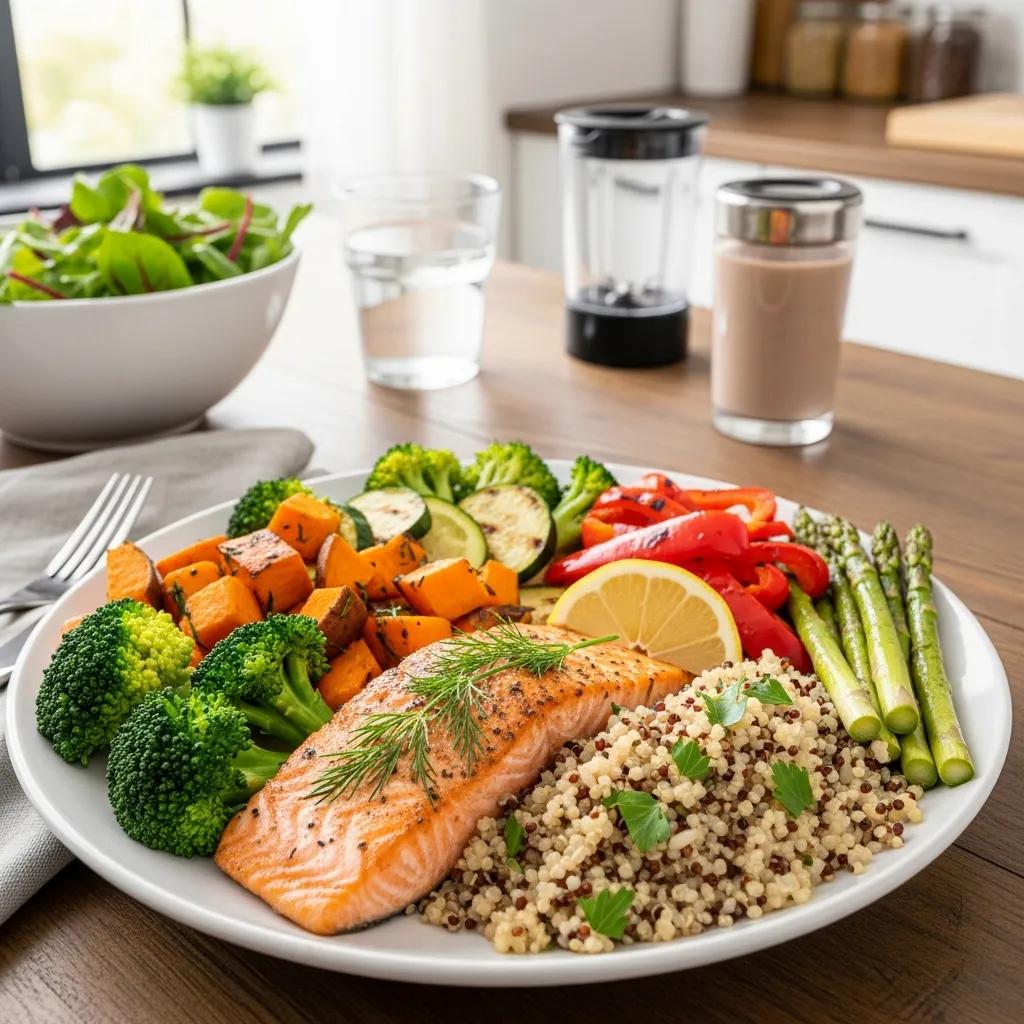 Gesunde Mahlzeit mit magerem Protein und Gemüse zur Unterstützung des Muskelaufbaus