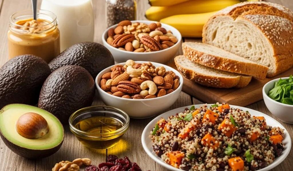 Healthy meal options for ectomorph hardgainers including avocados, nuts, and whole grains