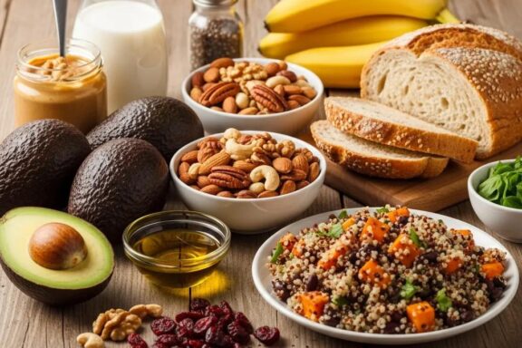 Healthy meal options for ectomorph hardgainers including avocados, nuts, and whole grains