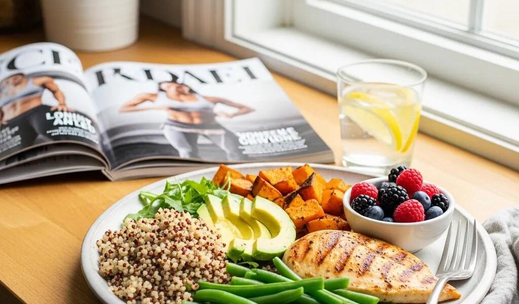 Healthy meal plan for endomorphs featuring quinoa, sweet potatoes, grilled chicken, and avocado