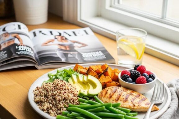 Healthy meal plan for endomorphs featuring quinoa, sweet potatoes, grilled chicken, and avocado