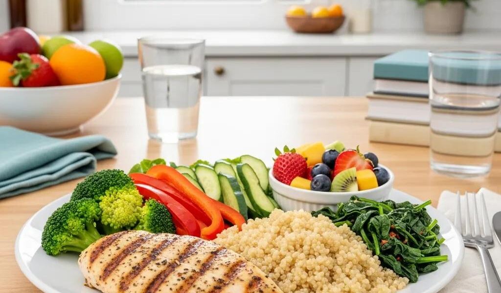 Healthy meal plate for mesomorph athletes with balanced nutrients