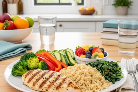 Healthy meal plate for mesomorph athletes with balanced nutrients