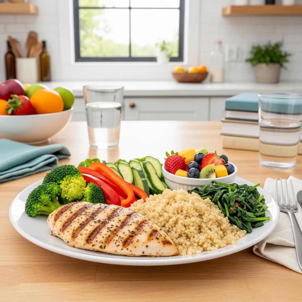 Healthy meal plate for mesomorph athletes with balanced nutrients