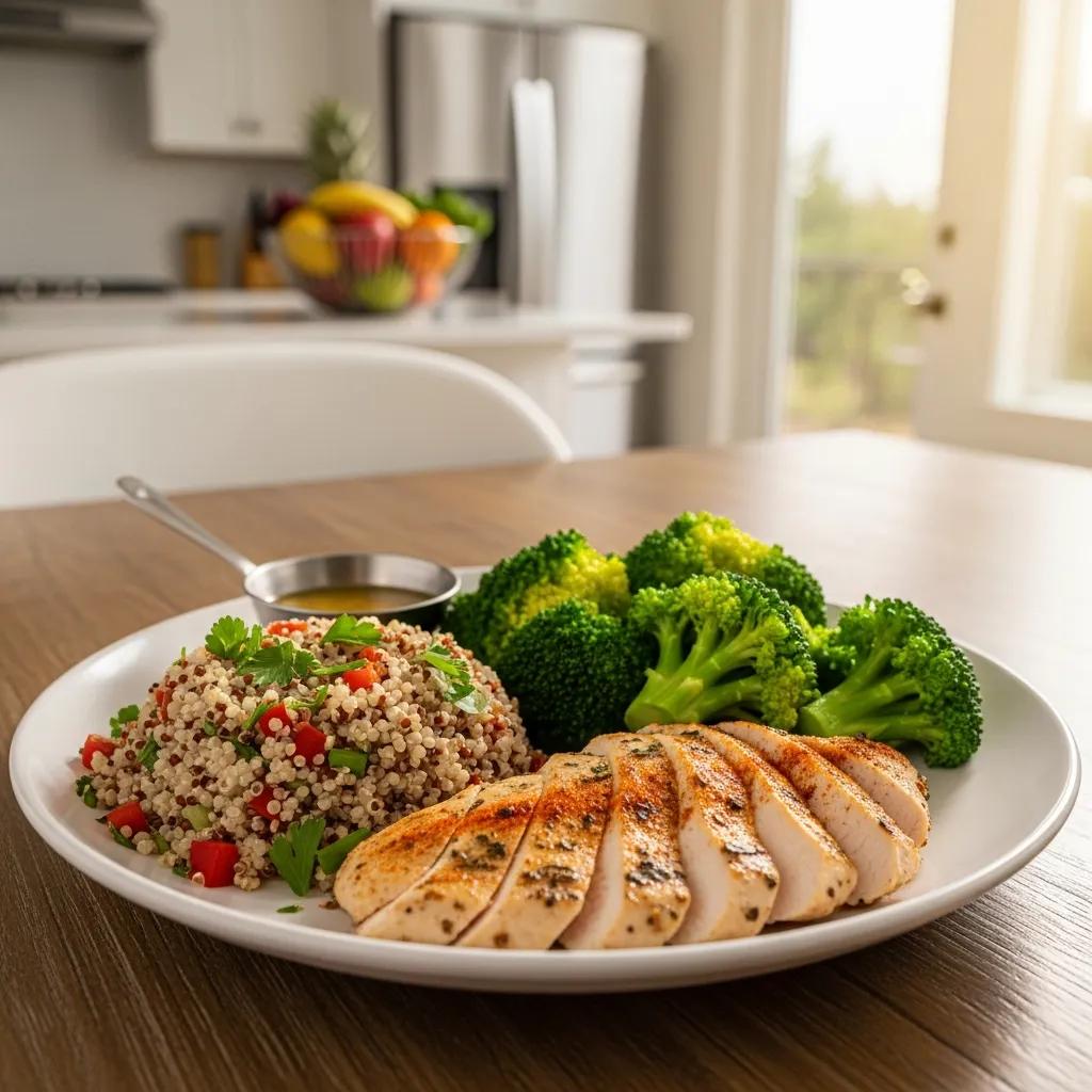Gesunder Teller für mesomorphe Athleten: Gegrilltes Hähnchen, Quinoa und Brokkoli