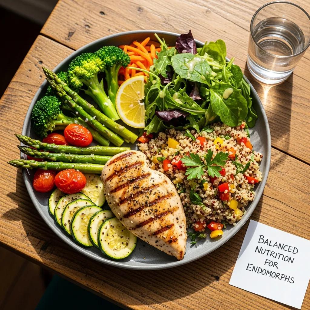 Ausgewogener Teller mit Hähnchen, Quinoa und Gemüse – Ernährungstipps für Endomorphe