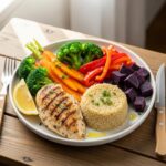 Healthy meal plate with grilled chicken, quinoa, and vegetables representing a balanced diet for mesomorphs