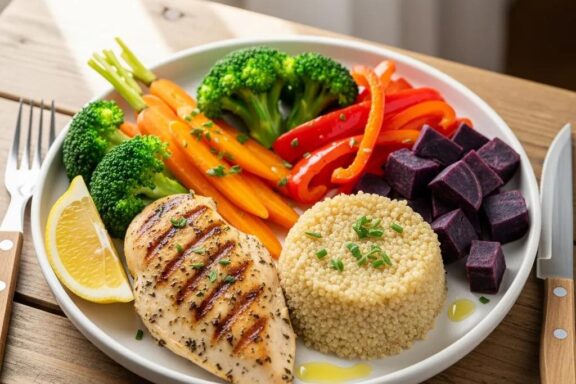 Healthy meal plate with grilled chicken, quinoa, and vegetables representing a balanced diet for mesomorphs