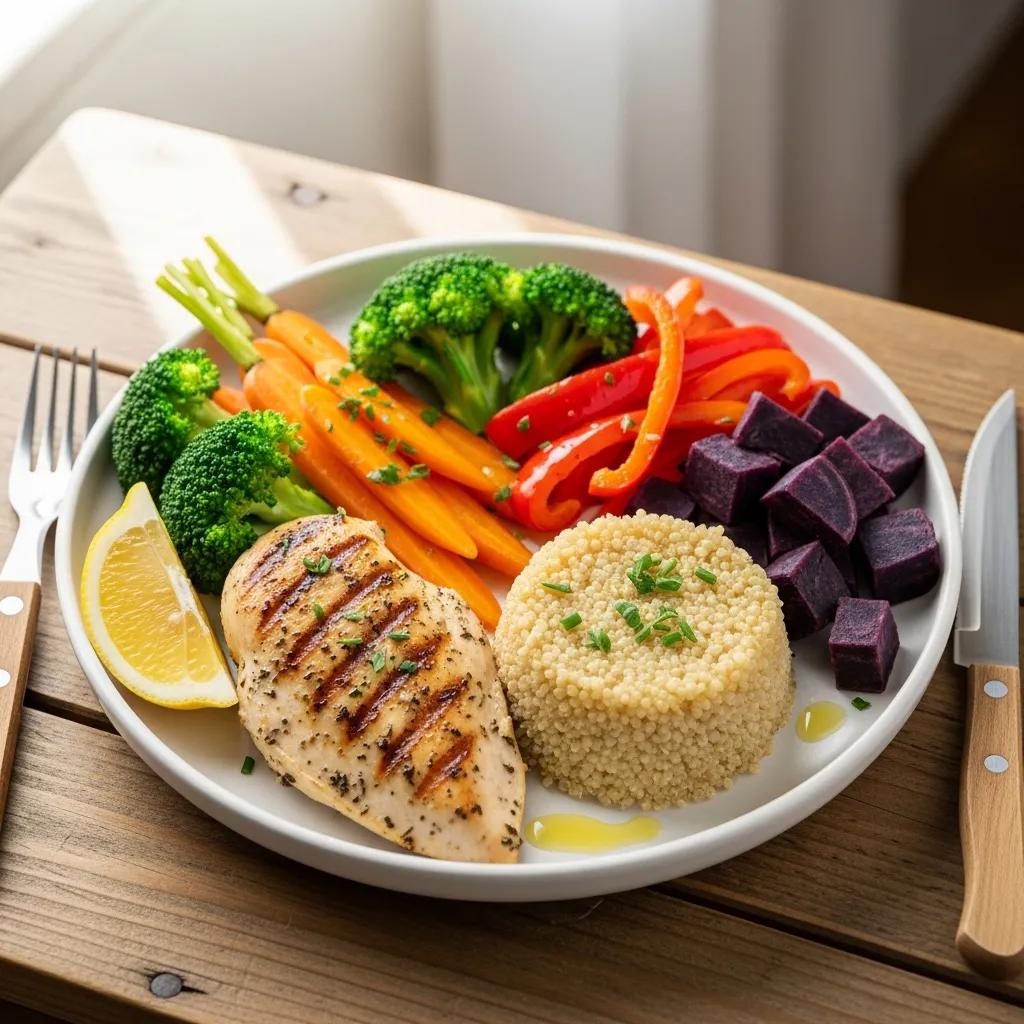 Healthy meal plate with grilled chicken, quinoa, and vegetables representing a balanced diet for mesomorphs