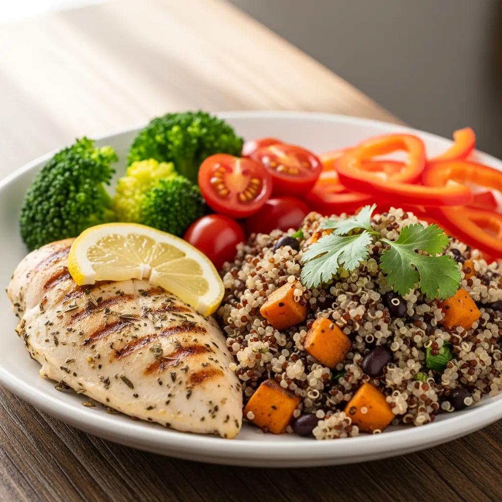 Teller mit magerem Eiweiß, Vollkorn und Gemüse – Beispiel für ausgewogene Ernährung bei Endomorphen