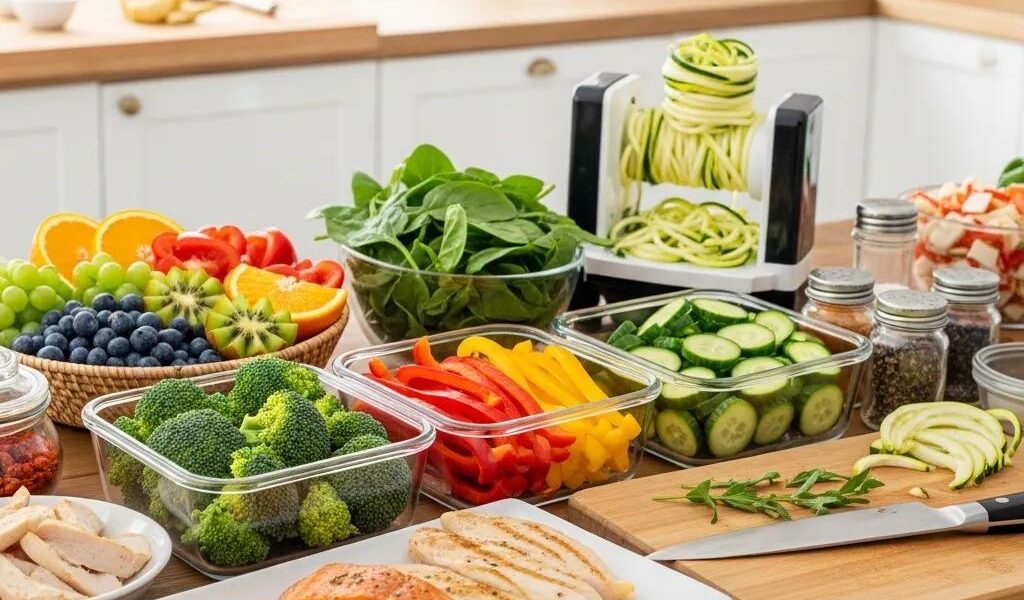 Healthy meal prep for Endomorph Detox Diet featuring fresh vegetables and lean proteins