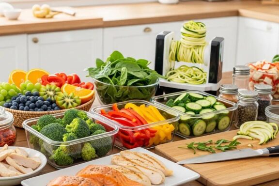 Healthy meal prep for Endomorph Detox Diet featuring fresh vegetables and lean proteins