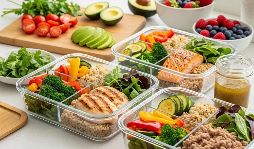 Healthy meal prep for endomorph metabolism optimization with colorful vegetables and lean proteins