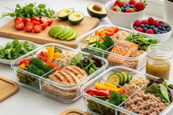 Healthy meal prep for endomorph metabolism optimization with colorful vegetables and lean proteins