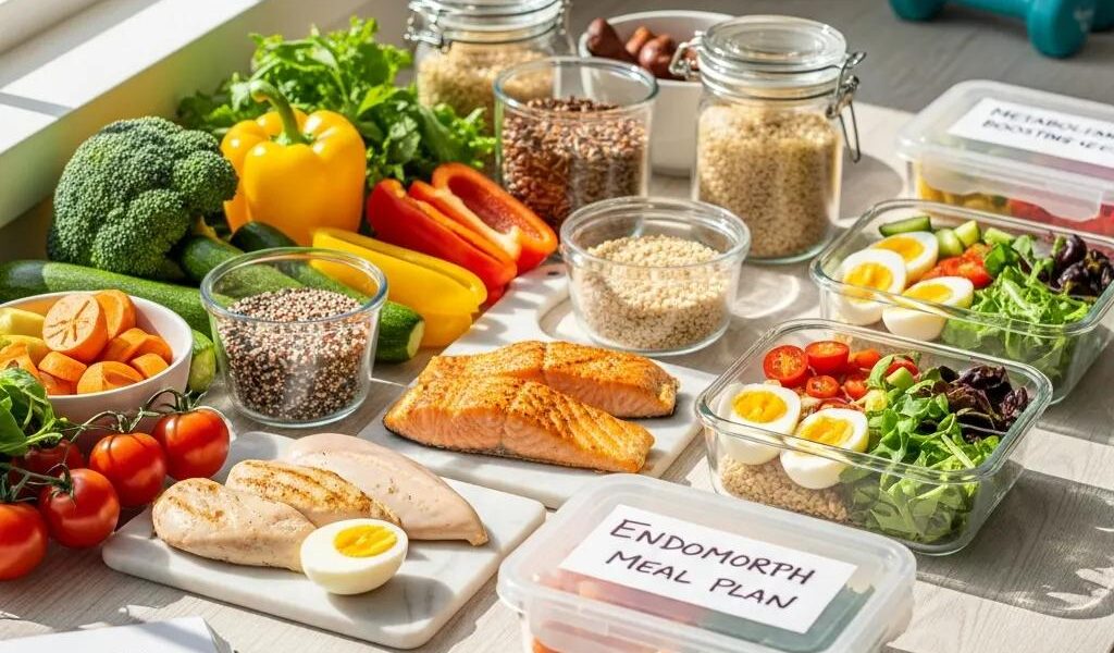 Healthy meal prep for endomorphs featuring colorful vegetables and lean proteins