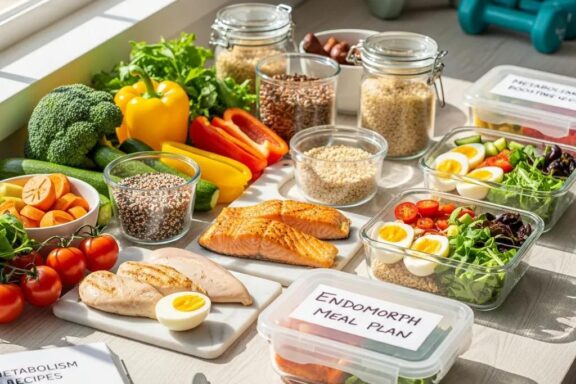 Healthy meal prep for endomorphs featuring colorful vegetables and lean proteins