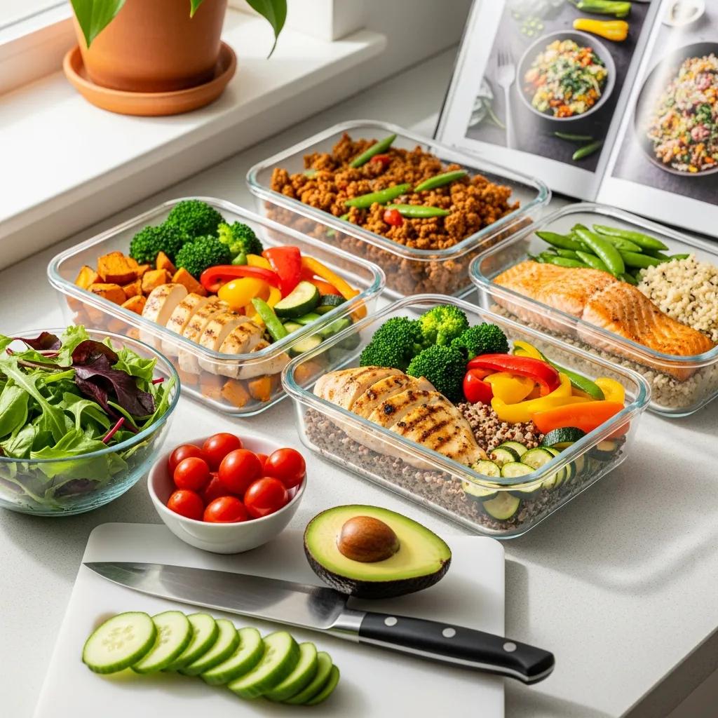 Gesunde Mahlzeitenplanung: Proteine, Vollkorn und Gemüse portioniert zur Unterstützung der Transformation
