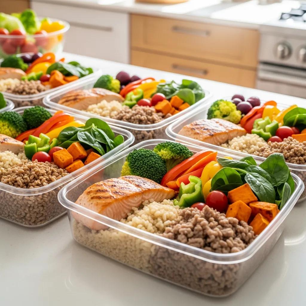 Gesundes Meal-Prep mit mageren Proteinen und Gemüse, Betonung auf Ernährung fürs Muskelwachstum