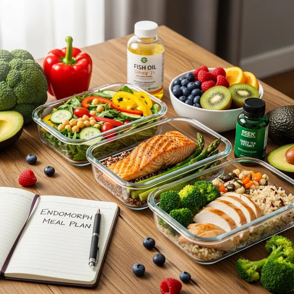 Gesunde Mahlzeiten, Omega‑3‑Kapseln und ballaststoffreiche Lebensmittel auf einem Holztisch