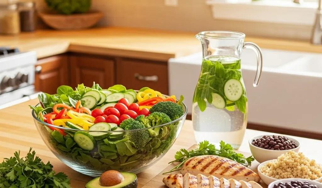 Healthy meal preparation for endomorph diet with fresh vegetables and lean proteins