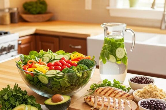 Healthy meal preparation for endomorph diet with fresh vegetables and lean proteins