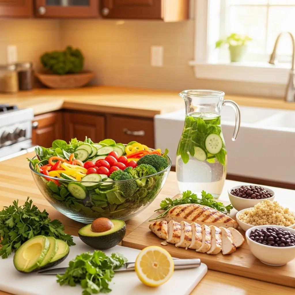 Healthy meal preparation for endomorph diet with fresh vegetables and lean proteins