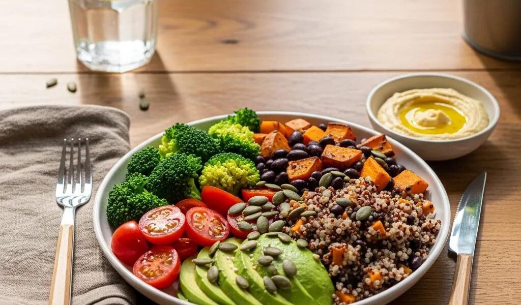 Healthy meal showcasing whole grains and vegetables for improving insulin sensitivity