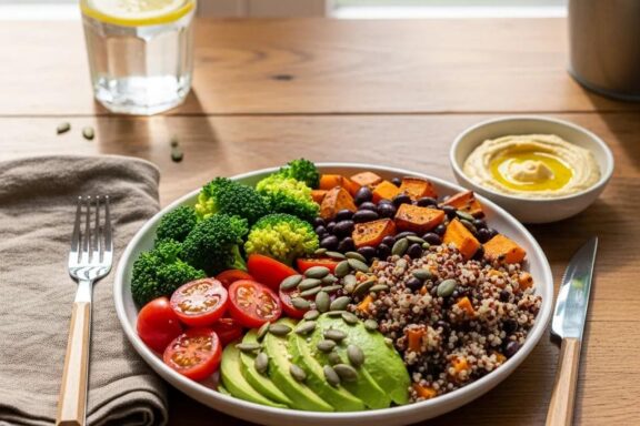Healthy meal showcasing whole grains and vegetables for improving insulin sensitivity