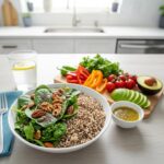 Healthy meal with whole grains, nuts, and greens for blood sugar regulation