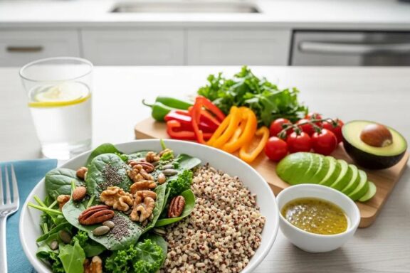 Healthy meal with whole grains, nuts, and greens for blood sugar regulation