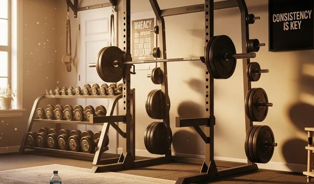 Home gym setup with dumbbells and barbell for ectomorph muscle building