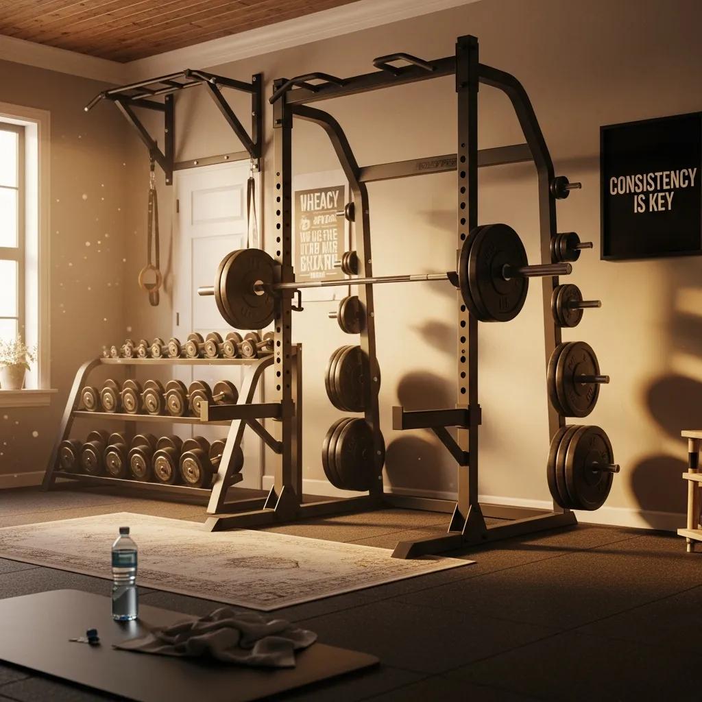 Home gym setup with dumbbells and barbell for ectomorph muscle building