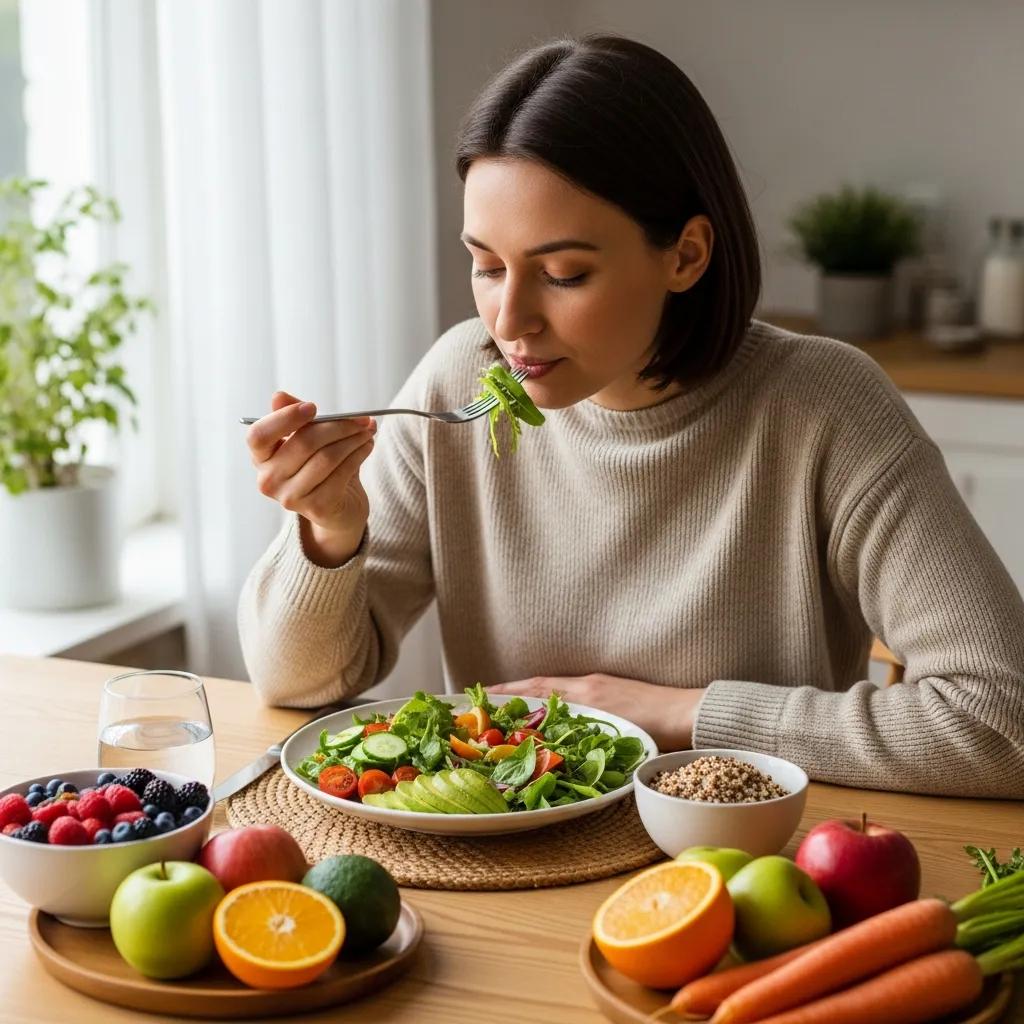 Person übt achtsames Essen mit gesunder Mahlzeit – Strategien gegen emotionales Essverhalten