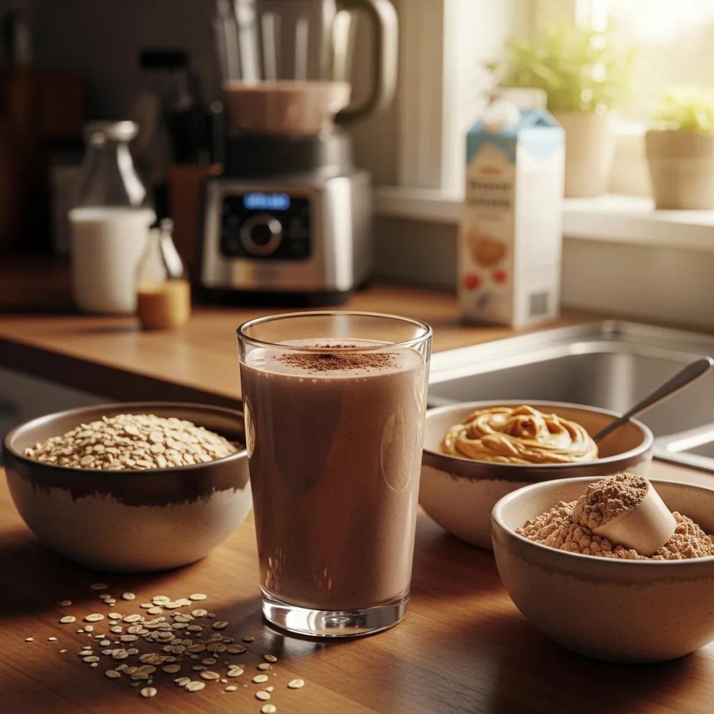 Zutaten für einen DIY‑Mass‑Gainer: Haferflocken, Erdnussbutter, Proteinpulver und Milch auf einer Arbeitsfläche