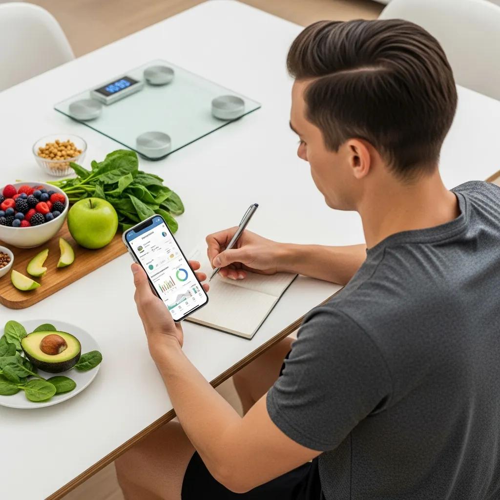 Mesomorph analysiert Körperzusammensetzungsdaten auf dem Smartphone, gesunde Lebensmittel im Hintergrund