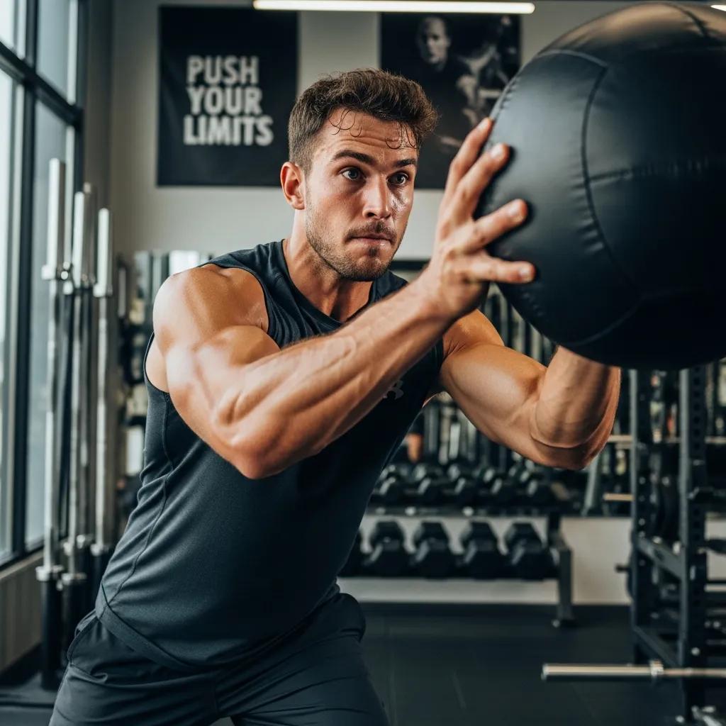 Mesomorpher Athlet führt einen Medizinballwurf aus und demonstriert explosive Kraft im Gym