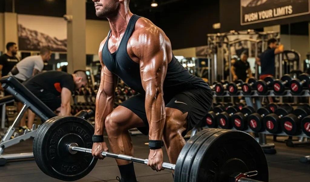 Mesomorph athlete lifting weights in a gym, representing muscle building and fitness